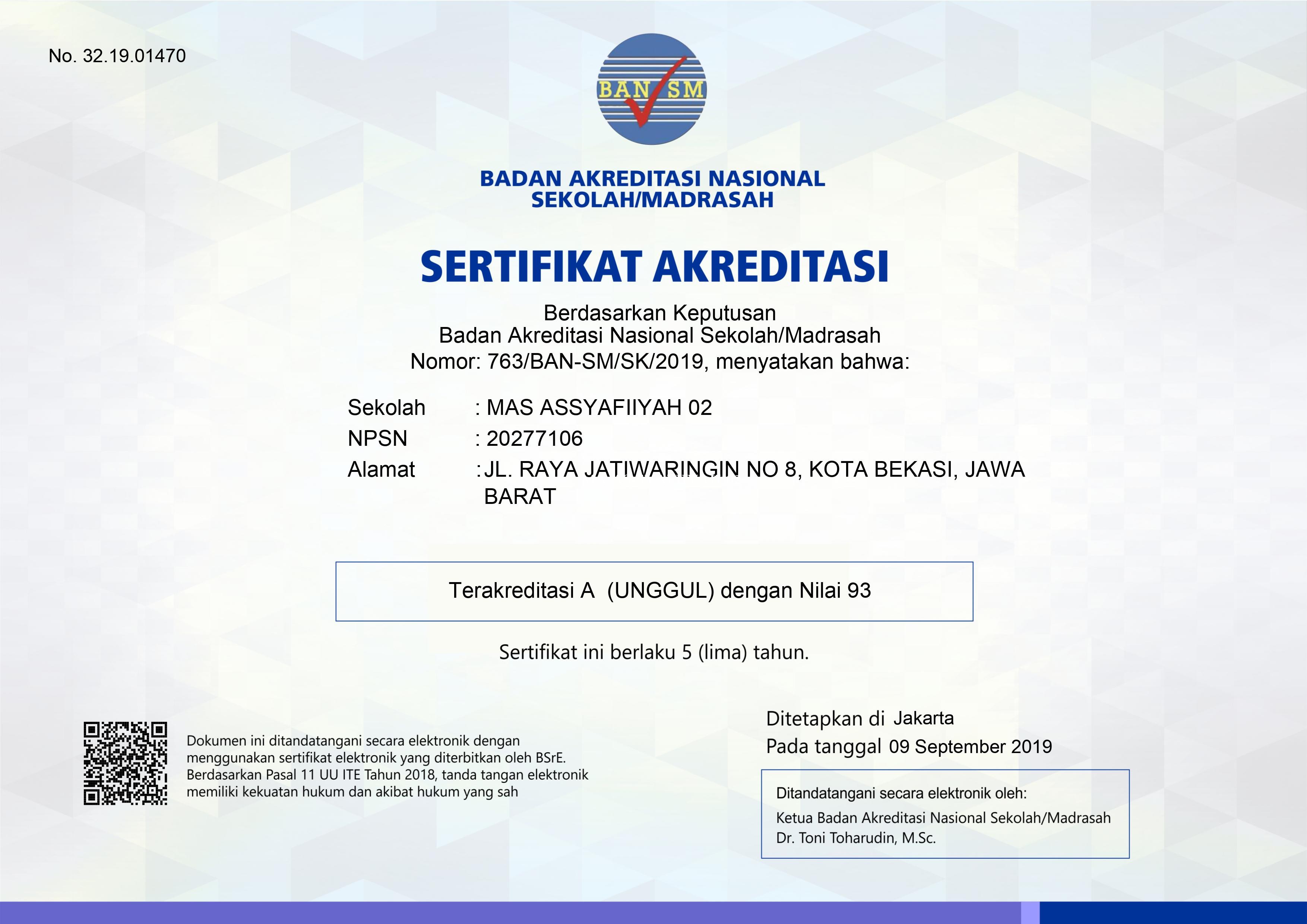 Sertifikat Akreditasi MA As-Syafiiyah Tahun 2019 